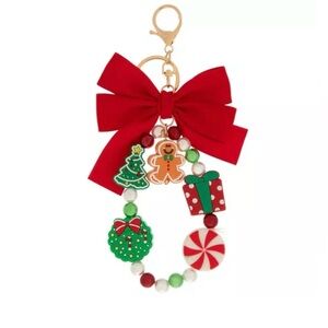 Christmas Beaded  silicone Bracelet Keychain  with Red Bow